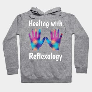 Healing with Reflexology (white text) (hands) Hoodie